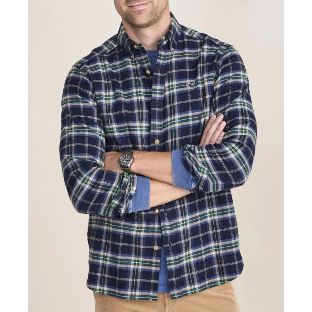 Vineyard Vines Mens M Classic Fit Flannel Plaid Whale Shirt Nautical Navy NWT